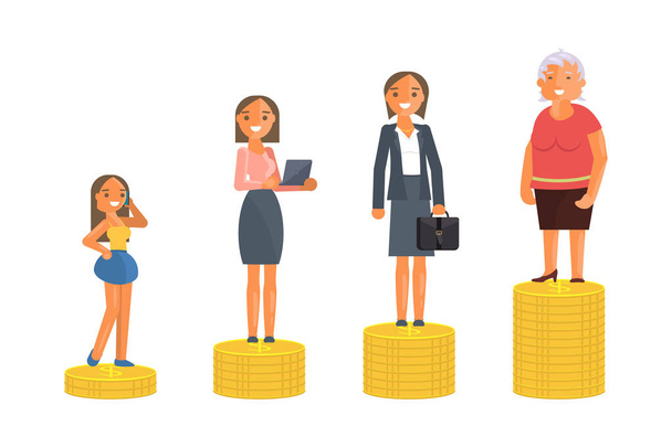 Stare i młode kobiety stoją na stosy złotych monet - Wektor, obraz