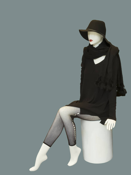 Maniquí femenino sentado vestido con ropa de moda, aislado. No hay marcas u objetos de copyright
.  - Foto, imagen