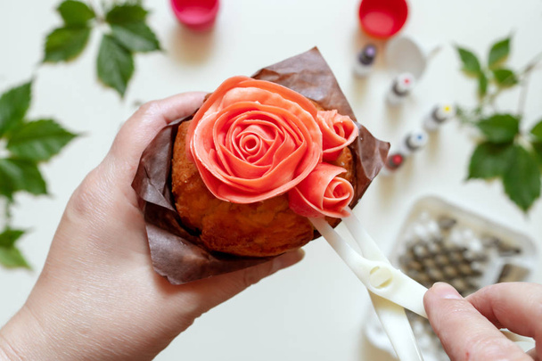 on white background cake molds, spatula, corolla, cones for cream, korean buttercream flowers - Fotografie, Obrázek