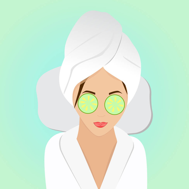 Beautiful woman on spa treatments with cucumber on eyes. Vector illustration  - Vector, Imagen