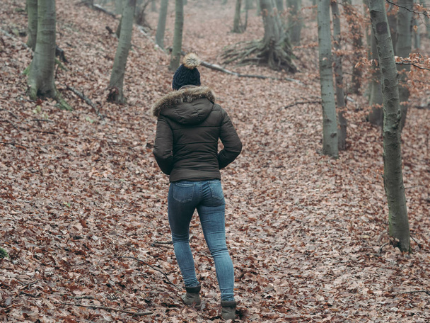 Una mujer caminando por el bosque. Mujer viajera
.  - Foto, Imagen