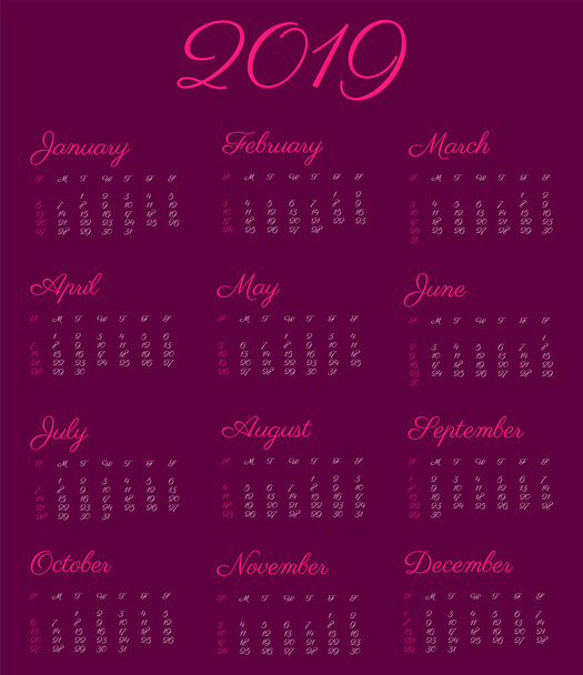 2019 kalenderjaar - illustratie, vintage lettertype. De week begint op zondag Amerikaanse standaard. - Foto, afbeelding