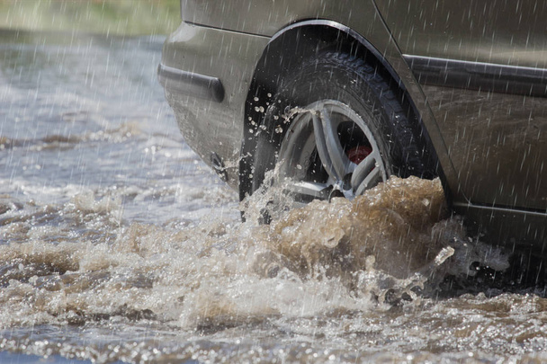 motion car rain big puddle of water spray from the wheels. - 写真・画像