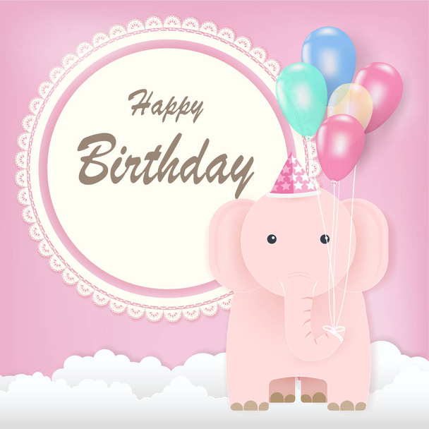 Ronde retro frame en ballon met olifant wenskaart, Happy Birthday kaart roze achtergrond - Vector, afbeelding