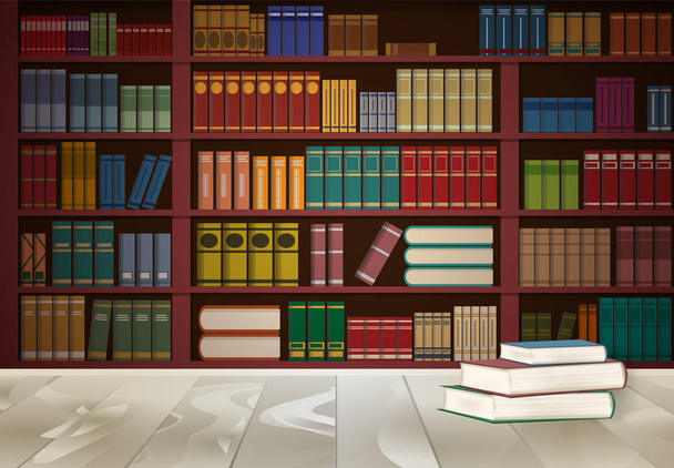 Librería en biblioteca y libro sobre mesa de madera, ilustración del conocimiento
 - Vector, Imagen