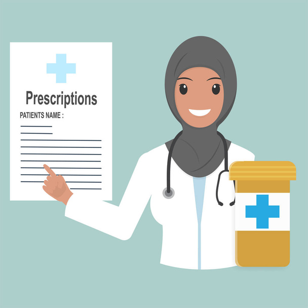 Medico musulmano femminile con prescrizioni e pillole icona. Illustrazione medica
 - Vettoriali, immagini