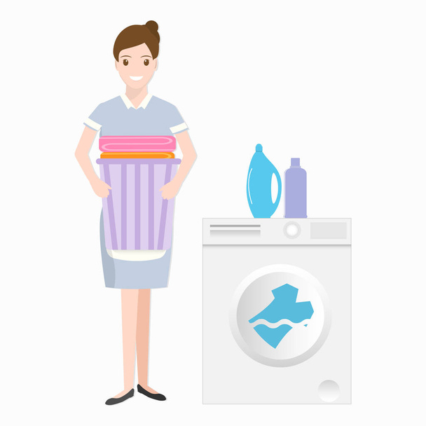 Mucama con lavadora, detergente y tela en icono cesta. muestra de limpieza ilustración
 - Vector, imagen