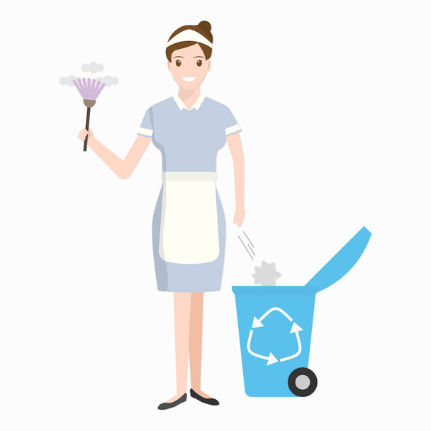 Hizmetçi ile toz fırçası ve çöp kutusu simgesini, temizleme illüstrasyon - Vektör, Görsel
