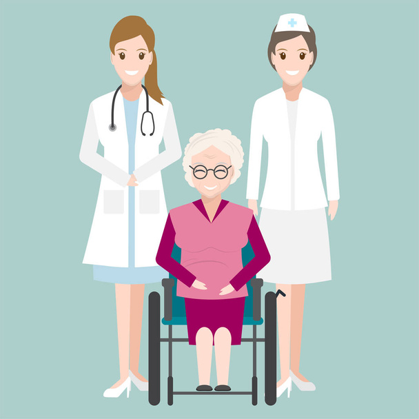 Orvos, ápoló és idősek nő ül a kerekesszék illusztráció, egészségügyi koncepció - Vektor, kép