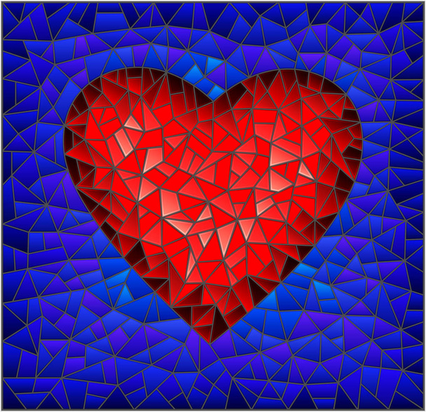 Illustration in stained glass style with abstract red heart on blue background, rectangular image - Vector, Imagen
