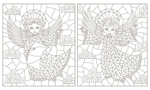 Набор контурных иллюстраций витражей с милыми ангелами на облачном фоне неба, темные контуры на белом фоне
 - Вектор,изображение