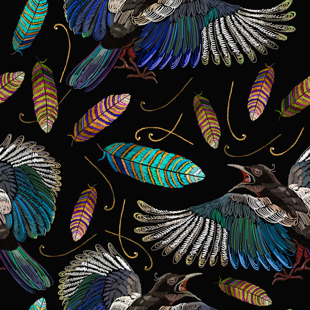 Embroidery magpie birds and feathers seamless pattern. Fashion template for clothes, textiles and t-shirt design - Vetor, Imagem