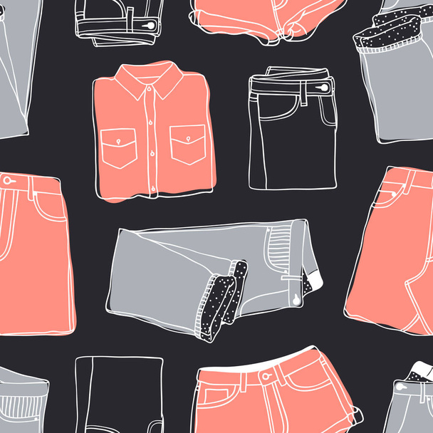 Hand drawn seamless pattern with Jeans Wear. Fashion vector background. Actual illustration Denim Outfit. Original doodle style drawing Clothes. Creative ink art work - ベクター画像