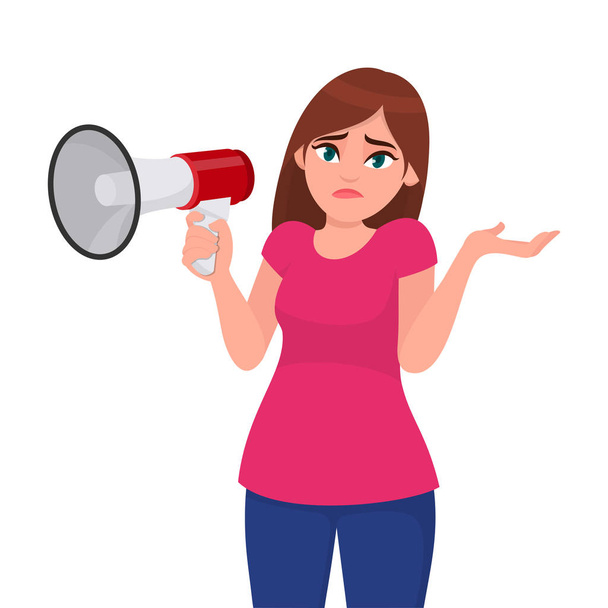Doubtful woman shrugging and showing hand gesture while holding a megaphone/loud speaker. Oops! Sorry! Question. I do not know. Human emotion and body language concept illustration in vector cartoon. - Vector, Image