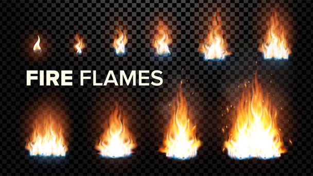 Yangın alevleri Set vektör. Farklı animasyon aşamaları. Sparks efektli ışık yanıyor. Ateşli ısı ve şenlik ateşi fişekleri tasarım. Saydam arka plan gerçekçi illüstrasyon izole - Vektör, Görsel