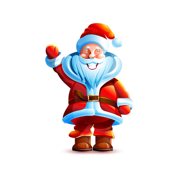 Сток Векторна ілюстрація ізольований персонаж Санта Клаус махає своєю рукою широко усміхненим привіт наклейка емодзі привітання з Новим роком веселий різдвяний талісман елемент дизайну білий фон
. - Вектор, зображення