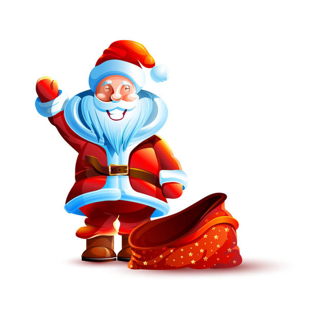 Vector illustration isolated character santa claus empty bag without gift present waving hand wide smiling hi Hello sticker emoji congratulations happy new year merry christmas mascot white background. - Vektor, kép