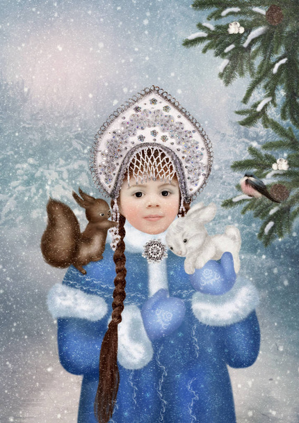 Malá holčička v šatech Sněhurka Malá veverka a zajíček v náručí v zimním lese - Fotografie, Obrázek