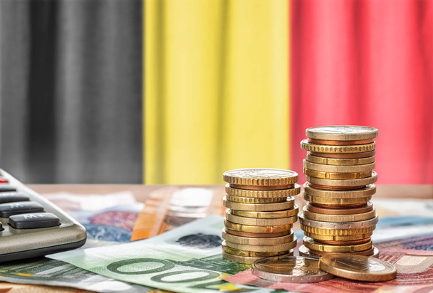 Billets et pièces en euros devant le drapeau national de la Belgique
 - Photo, image