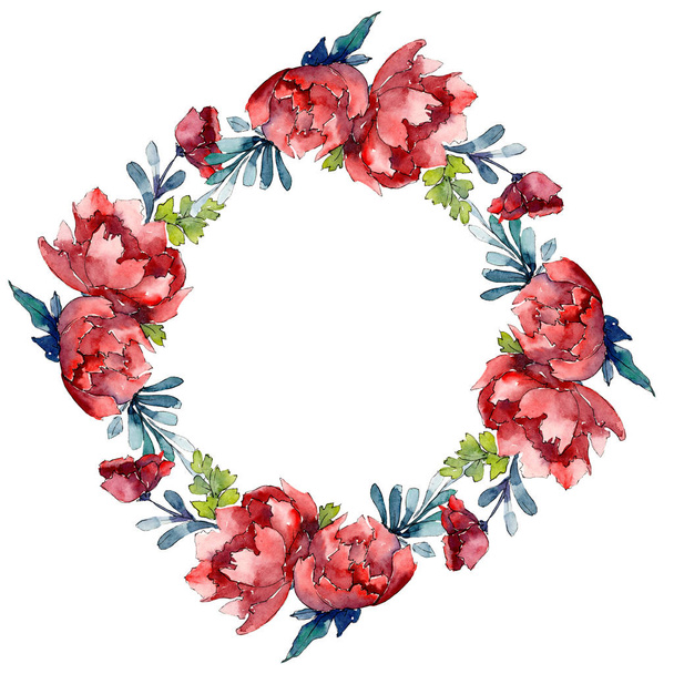 Roter Strauß. Blütenbotanische Blume. Aquarell Hintergrundillustration Set. Rahmen Rand Ornament Quadrat. - Foto, Bild