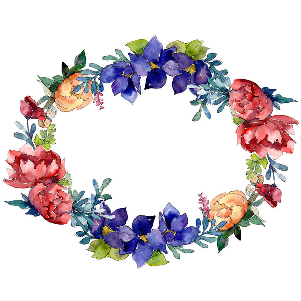 Botanische Blume mit rotem, orangefarbenem und blauem Strauß. Aquarell Hintergrundillustration Set. Rahmen Rand Ornament Quadrat. - Foto, Bild