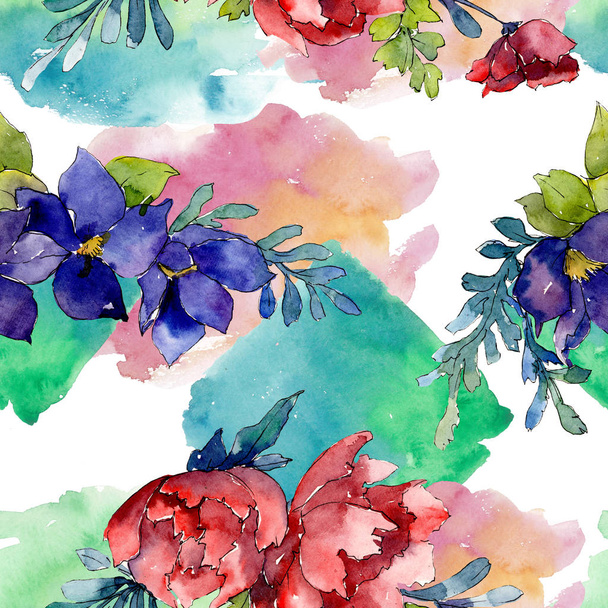 Rood, blauw en oranje boeket. Floral botanische bloem. Aquarel illustratie set. Naadloze achtergrondpatroon. - Foto, afbeelding