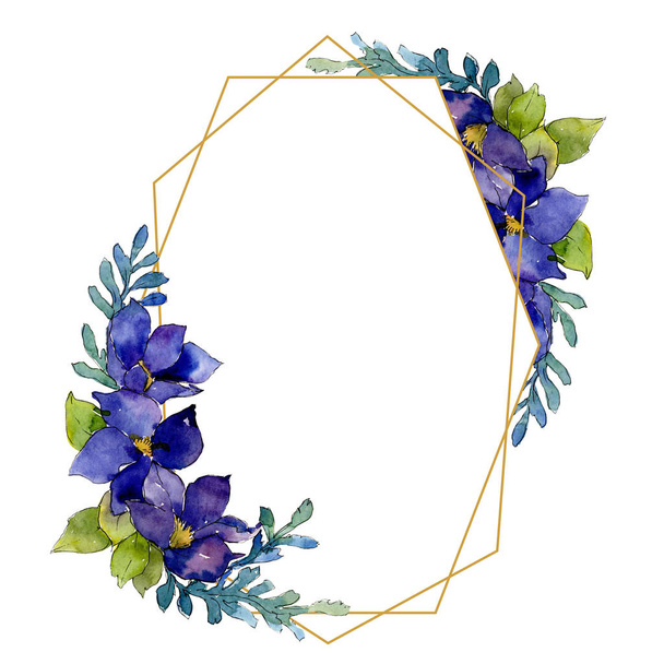 blauer Strauß. Blütenbotanische Blume. Aquarell Hintergrundillustration Set. Rahmen Rand Ornament Quadrat. - Foto, Bild