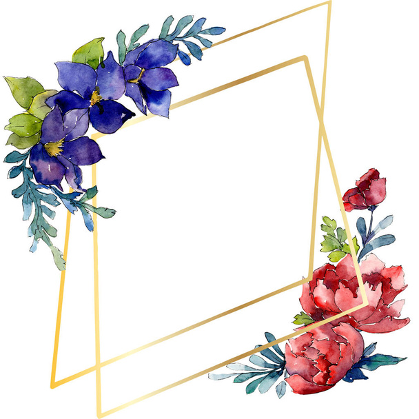 Flor botânica de buquê vermelho e azul. Conjunto de ilustração de fundo aquarela. Quadro borda ornamento quadrado
. - Foto, Imagem