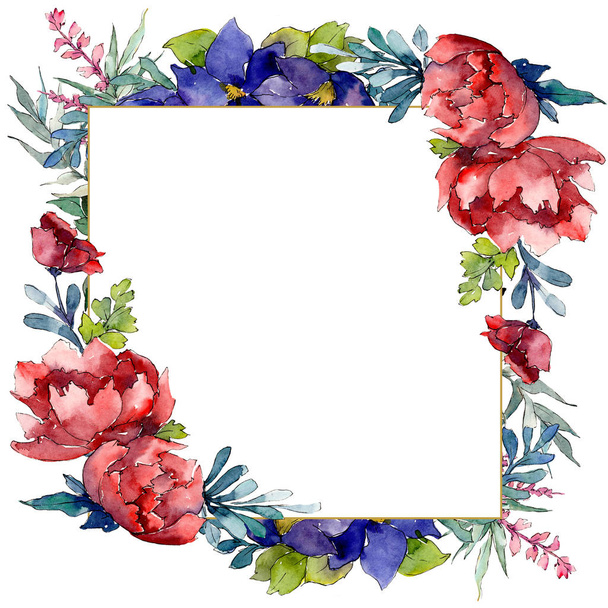 Rood, oranje en blauw boeket botanische bloem. Aquarel achtergrond afbeelding instellen. Frame grens ornament vierkant. - Foto, afbeelding