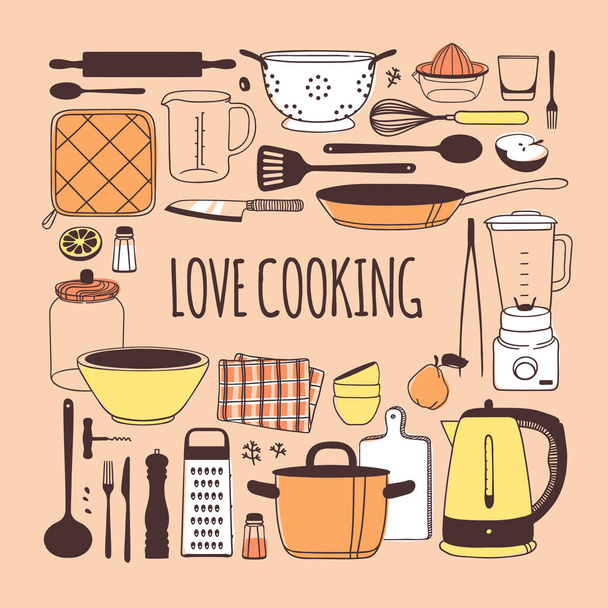 handgezeichnete Illustration Kochwerkzeuge, Geschirr, Lebensmittel und Zitat. kreative Tintenkunstwerke. tatsächliche Vektorzeichnung. Küchensatz und Text lieben das Kochen - Vektor, Bild