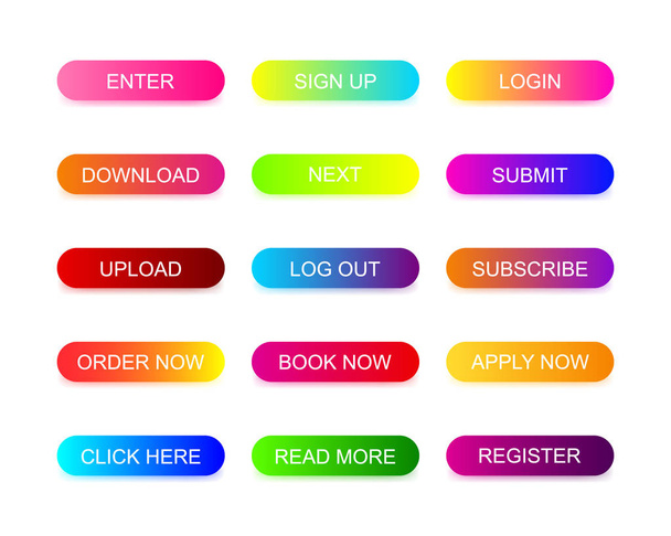Web buttons flat design with colorful trendy gradient. Different colors icons on oval forms with shadows. Vector isolated rounded rectangular on white background. - Вектор,изображение