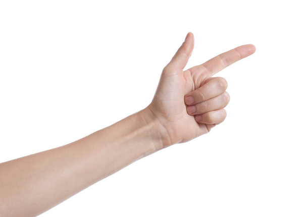 Woman pointing at something on white background, closeup of hand - Photo, Image