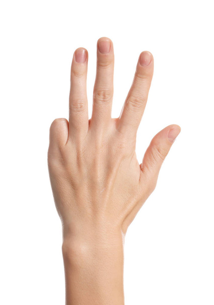 Mutató kéz, fehér háttér, Vértes nő - Fotó, kép
