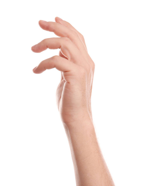 Man showing hand on white background, closeup - Photo, image