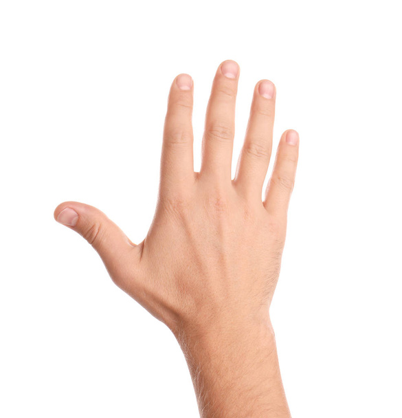 Man showing hand on white background, closeup - Zdjęcie, obraz