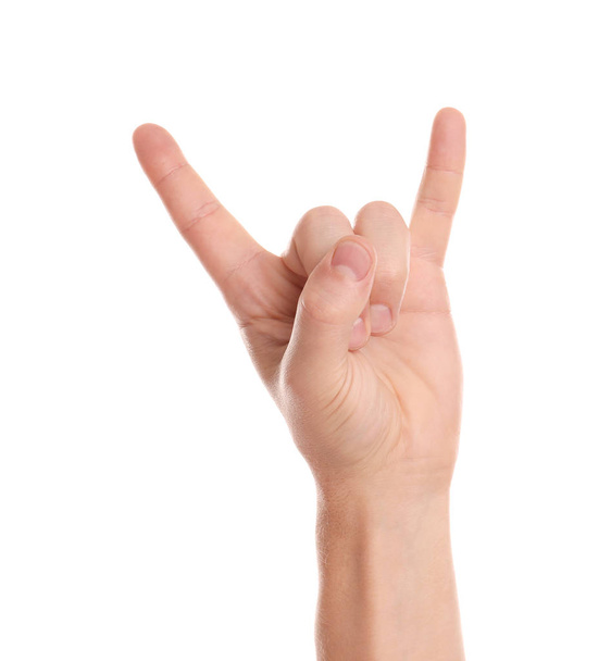 Man showing rock gesture on white background, closeup of hand - 写真・画像