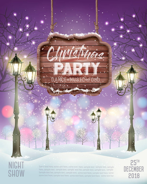 Christmas Holiday Party Flyer background with evening winter landscape. Vector - Vector, Image