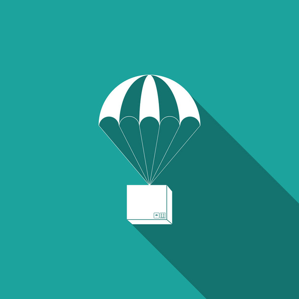 Box flying on parachute icon isolated with long shadow. Parcel with parachute for shipping. Delivery service, air shipping concept, bonus concept. Flat design. Vector Illustration - Vector, Image