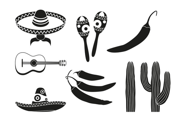 Black and white 8 mexican elements. - Vector, Image