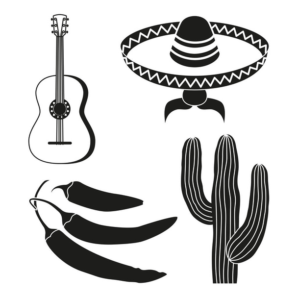 Black and white 4 mexican elements. - Vector, Imagen