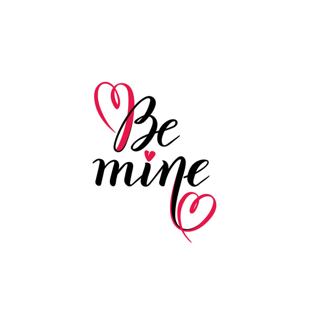 Be mine Valentine hand calligraphy lettering vector text. Valentines typography quote Be my. Inscription Illustration, Design template of Valentines day Greeting Card, red hearts. Love wedding concept - Vettoriali, immagini