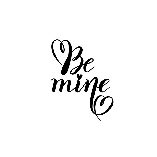 Be mine Valentine hand calligraphy lettering vector text. Valentines typography quote Be my. Inscription Illustration, Design template of Valentines day Greeting Card, red hearts. Love wedding concept - Vektör, Görsel