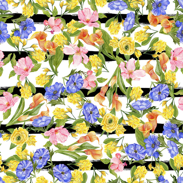 Floral watercolor pattern with black stripes - Valokuva, kuva