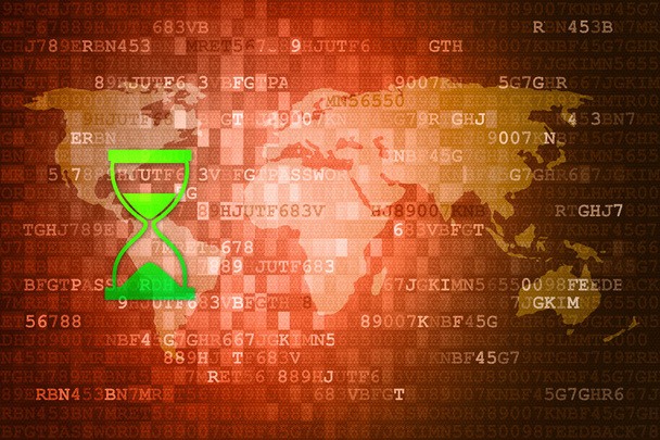 Sanduhr-Symbol auf rotem digitalen Hintergrund mit Weltkarte. Zeitkonzept. Kopierraum. - Foto, Bild