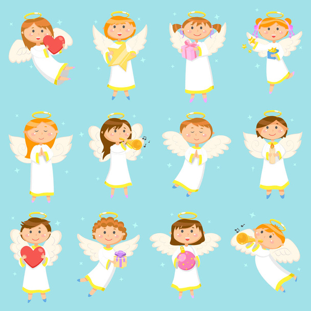 天使の子供、男の子と女の子の冬の休日 - ベクター画像