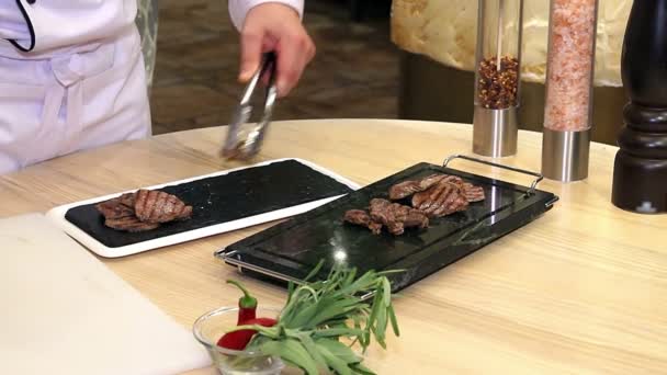 chief fry meat on a pan, Meat On Frying Pan,  - Video, Çekim