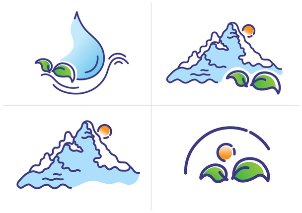 Набор экологического логотипа, линейная векторная иллюстрация капли воды, зеленые листья, горы, солнце, на белом изолированном фоне
 - Вектор,изображение