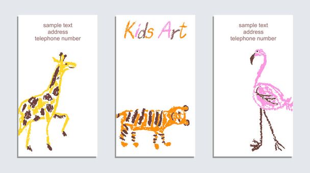 Card with funny wild animals giraffe, tiger, flamingo. Crayon like child`s hand drawing art colorful copy space on white. Artistic stroke pastel chalk or pencil vector art. Childlike style background - Вектор,изображение