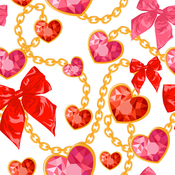 Shiny ruby heart pendants hanging seamless pattern - Vecteur, image