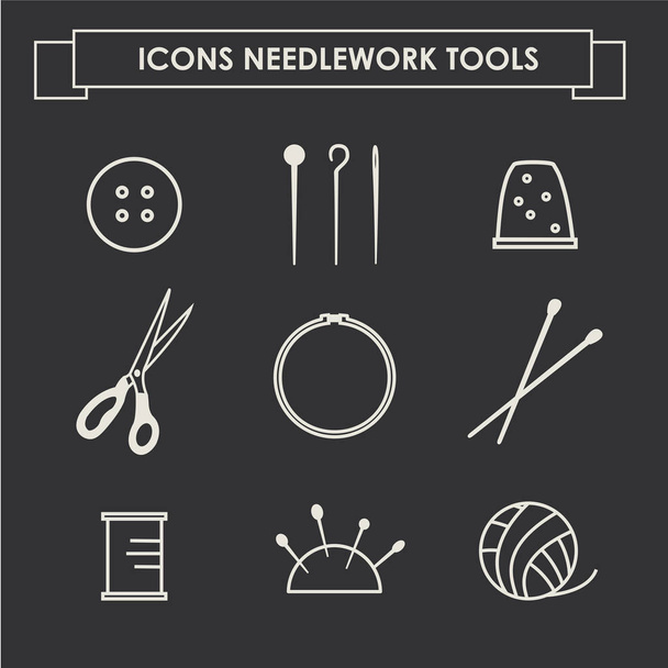 Εικονίδια κεντήματα εργαλεία. Εργαλεία για ράψιμο, πλέξιμο, ραπτική - Διάνυσμα, εικόνα